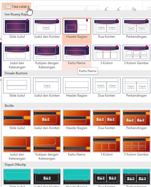 Klik panah bawah di samping Tata Letak untuk pilihan master