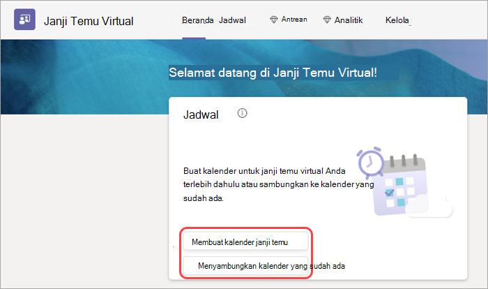 Cuplikan layar opsi kalender janji temu virtual di tab Beranda