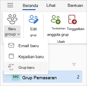 Dari pita di dasbor Grup, pilih Grup Baru > Grup Baru