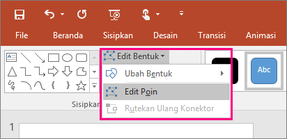 Memperlihatkan opsi Titik Edit dalam menu Edit bentuk pada tab Alat Menggambar di PowerPoint.
