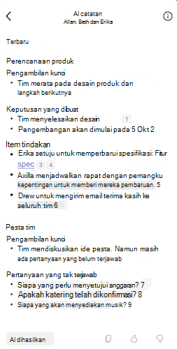 Menampilkan catatan yang dihasilkan AI dalam obrolan Microsoft Teams di perangkat seluler.