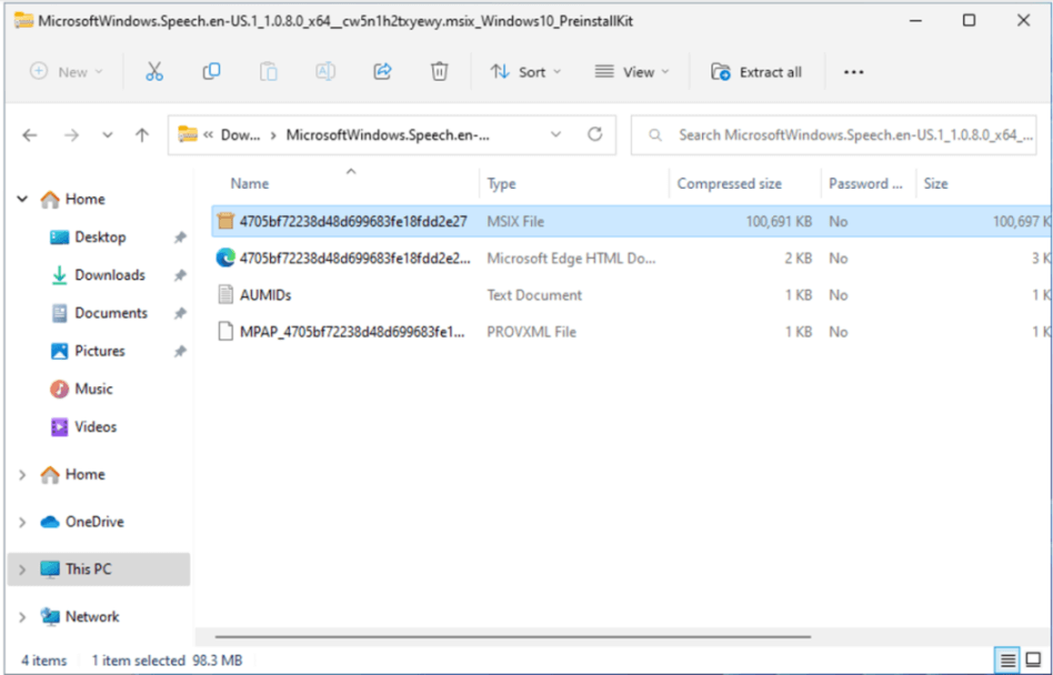 File MSIX dipilih dalam folder yang dipadatkan