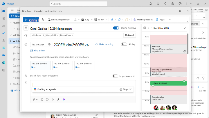 Cuplikan layar cara menjadwalkan rapat dengan lebih dari 2 peserta menggunakan Penjadwalan Bantuan Obrolan di Outlook.