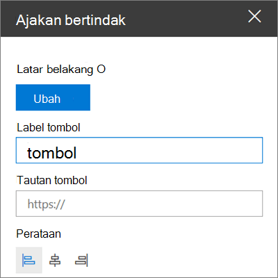 Kotak alat untuk webpart Panggilan ke Tindakan untuk situs SharePoint, memperlihatkan cara mengkustomisasi link, tombol, dan perataan webpart