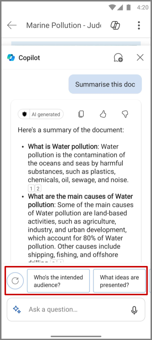 Cuplikan layar Copilot di Word pada perangkat Android yang menampilkan pertanyaan tindak lanjut yang disorot