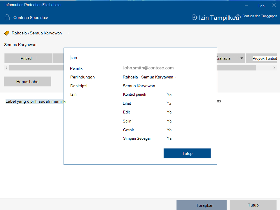 Menampilkan izin dengan Perlindungan Informasi Microsoft Purview File Labeler