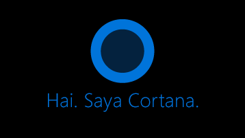 Ikon Cortana seperti yang terlihat di layar dengan kata, "Hai. Saya Cortana "di bawah ikon.