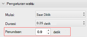 Menu pengaturan waktu penundaan PowerPoint untuk Mac