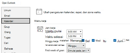 Cuplikan layar opsi waktu Kerja Kalender