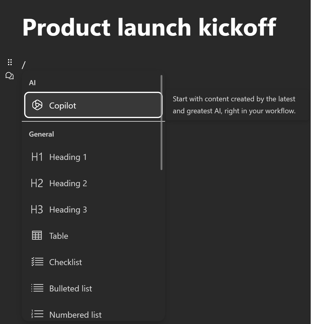 Layar mulai Copilot di Loop