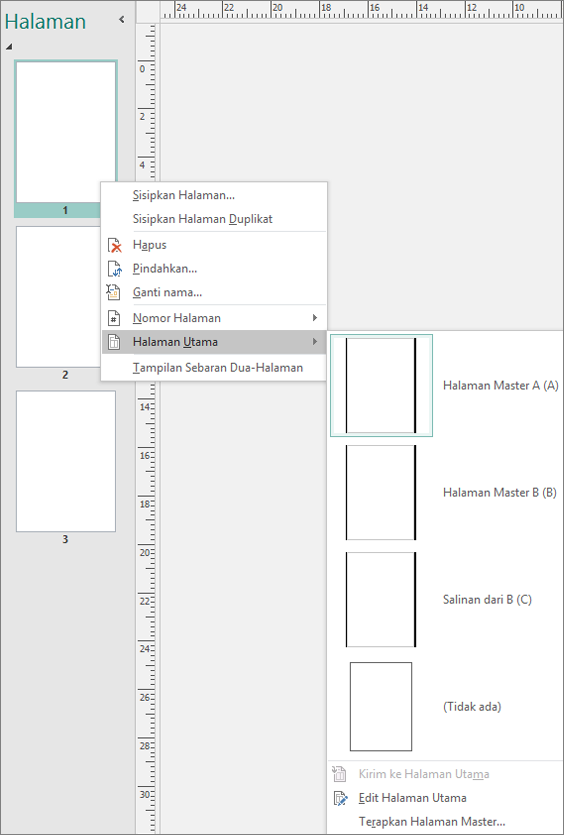 Cuplikan layar memperlihatkan opsi menu pintasan yang dipilih untuk halaman master dengan opsi halaman Master yang tersedia.