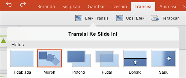 Memperlihatkan transisi Morf dalam menu transisi di PowerPoint 2016 untuk iPad