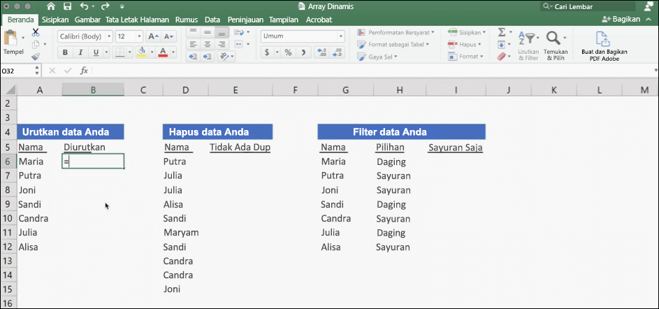 Cuplikan layar Excel dengan data menggunakan larik dinamis