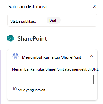 Cuplikan layar panel untuk menambahkan situs SharePoint.