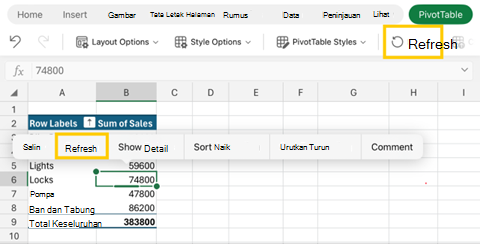Cuplikan layar merefresh tabel pivot di Excel untuk iPad