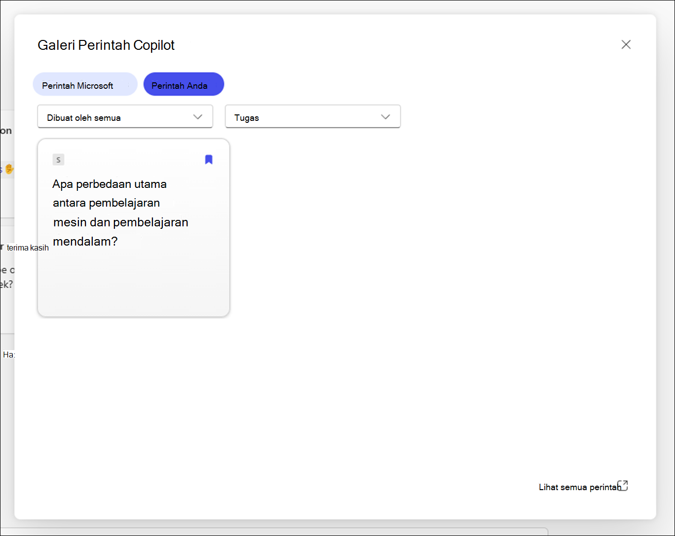 Galeri Perintah Copilot dialog memperlihatkan perintah yang disimpan dengan opsi filter seperti tugas dan tipe pekerjaan.