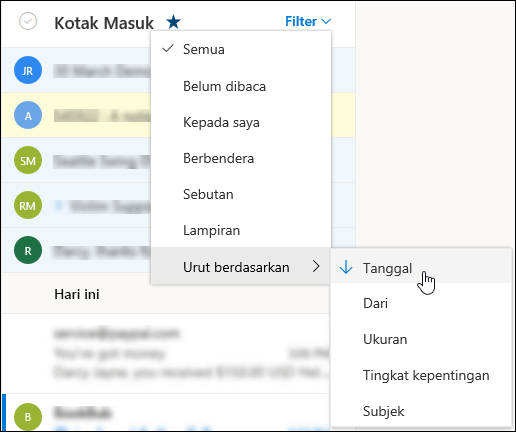 Cuplikan layar menu Filter dengan Urutkan menurut dipilih