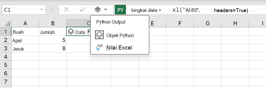 Menu output Python dalam buku kerja Excel.