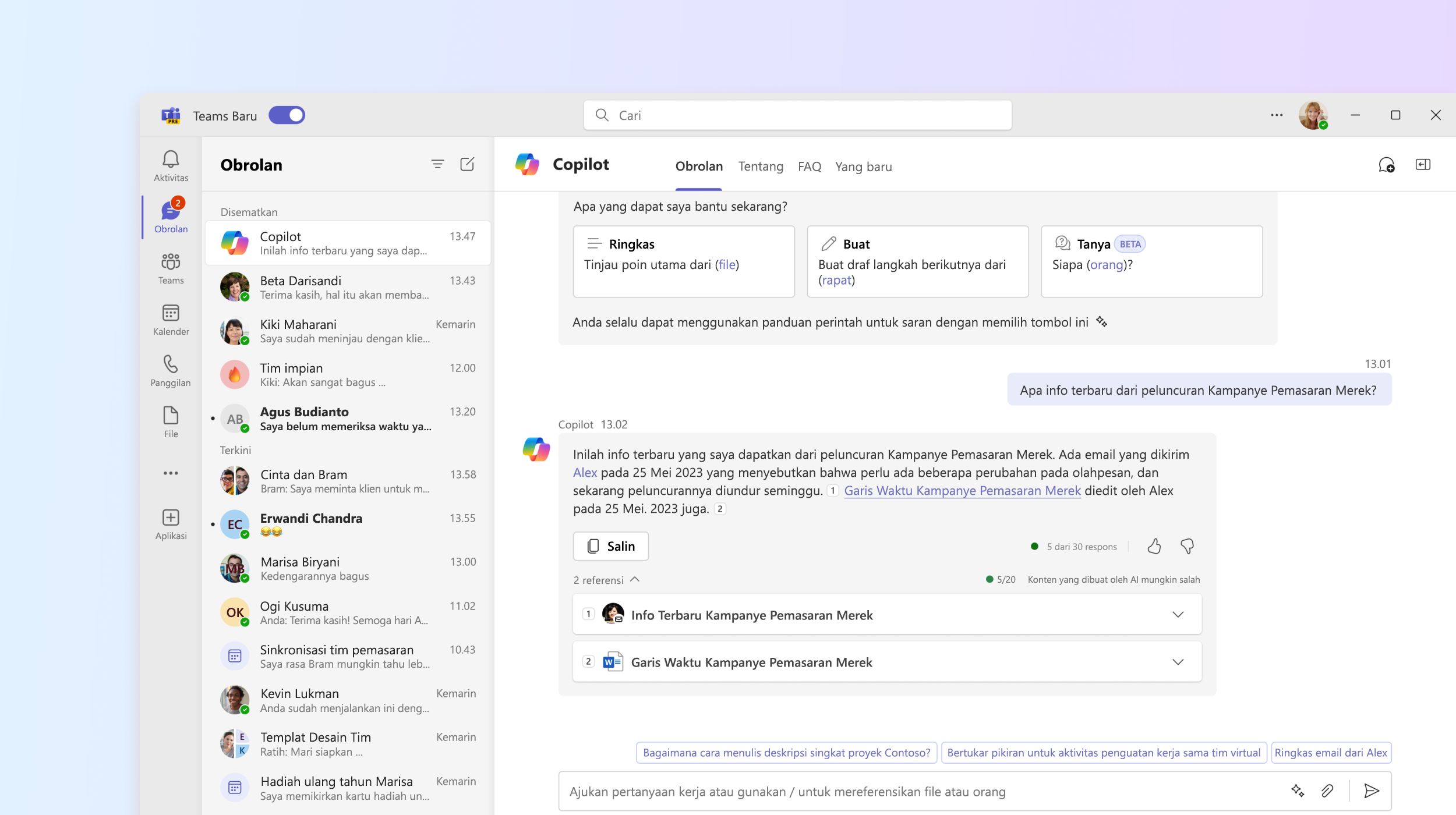Cuplikan layar memperlihatkan aplikasi Copilot Microsoft 365 di Teams.