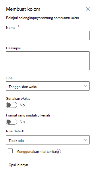 Cuplikan layar panel Buat kolom yang bisa Anda gunakan untuk menambahkan kolom ke daftar.