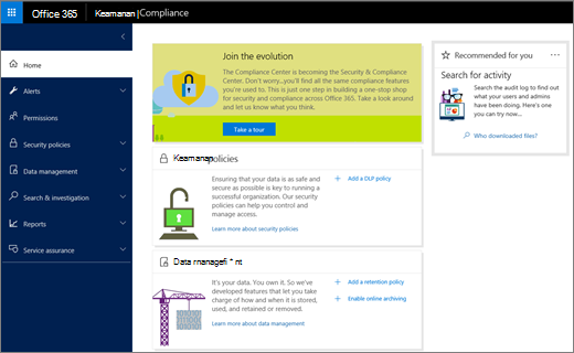 Cuplikan layar Office 365 Keamanan & Pusat kepatuhan halaman Beranda.