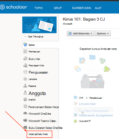 Cuplikan layar kursus Schoologi menyoroti tombol Instal Aplikasi Anda di bagian bawah navigasi kursus.