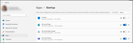 Memperlihatkan halaman Startup di Pengaturan, dengan daftar aplikasi.