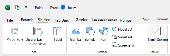 Tombol Sisipkan Kotak Centang pada tab Sisipkan