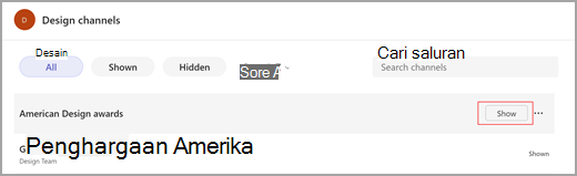 Cuplikan layar saluran penghargaan Desain Amerika tersembunyi di tim saluran Desain. Ini memiliki persegi merah yang menunjukkan cara menampilkan saluran dalam daftar saluran.