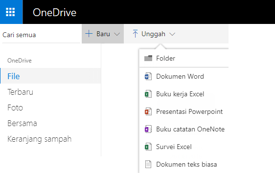 Cuplikan layar pembuatan dokumen dari OneDrive.com