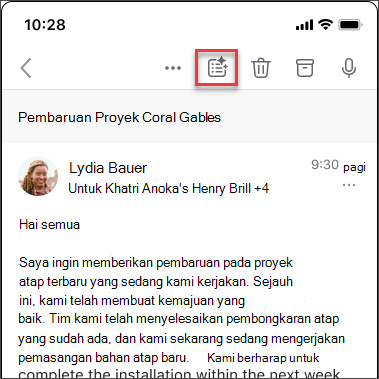 Ikon ringkas Copilot untuk meringkas utas email di iOS dan Android.