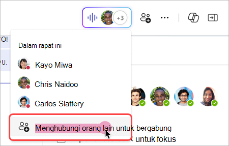 Cuplikan layar memperlihatkan cara menghubungi orang lain dari indikator langsung dalam rapat instan obrolan grup.