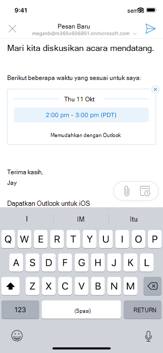 Memperlihatkan draf email pada layar iOS. Email mencantumkan tanggal dan waktu pengirim yang tersedia.