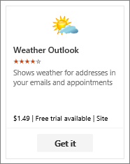Cuplikan layar add-in Outlook Cuaca yang tersedia dalam versi uji coba gratis atau berbayar.