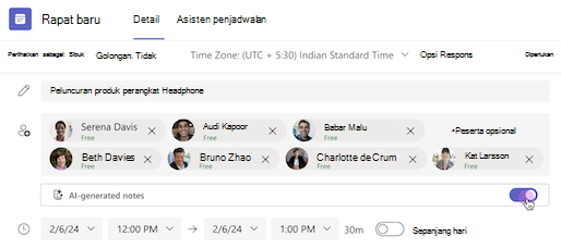 Catatan yang dihasilkan AI diaktifkan dalam undangan rapat Teams.