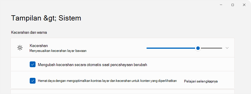 cuplikan layar Pengaturan memperlihatkan kontrol kecerahan.