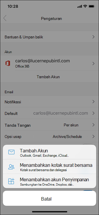 Menambahkan akun ke aplikasi Outlook