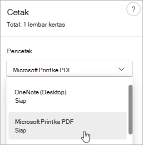 Cuplikan layar memperlihatkan pilihan Microsoft Print ke PDF