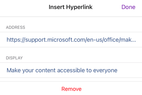 Kotak dialog Sisipkan Hyperlink di OneNote untuk iOS memperlihatkan teks tampilan tautan "Menjadikan konten Anda mudah diakses oleh semua orang" dan URL tautannya.