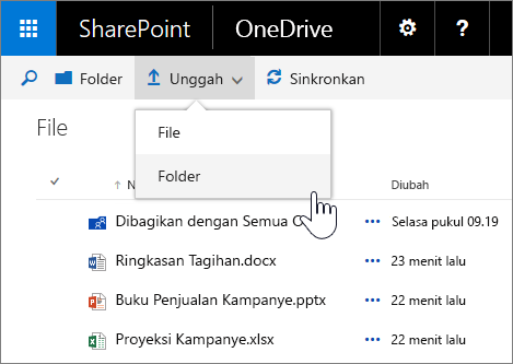 Cuplikan layar tentang mengunggah folder di OneDrive untuk bisnis di SharePoint Server 2016 dengan Paket Fitur 1