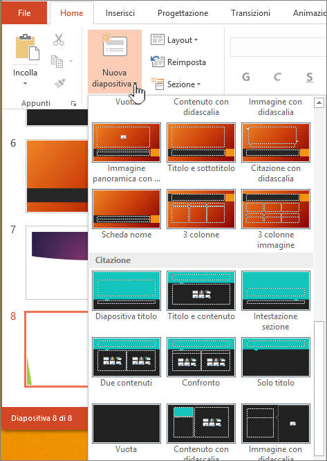 Fare clic sulla freccia accanto a Nuova diapositiva per la selezione degli schemi