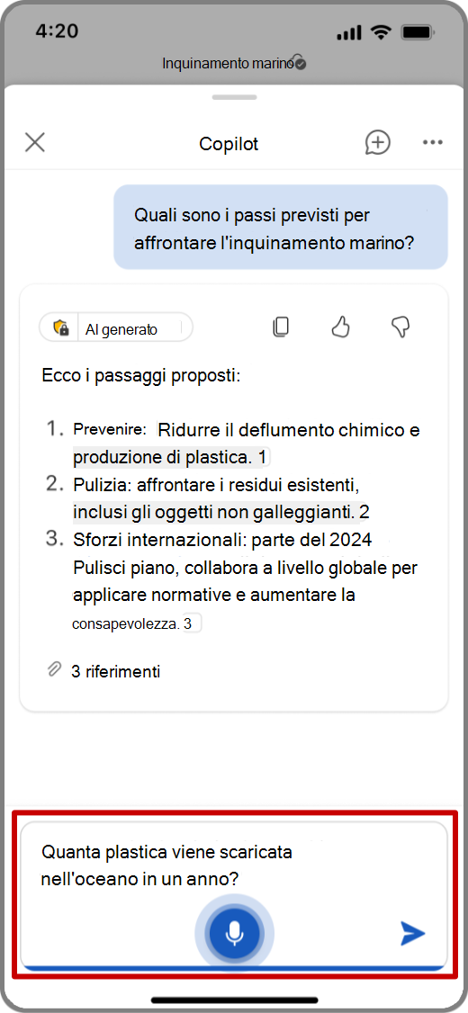 Screenshot di Copilot in Word nel dispositivo iOS con l'input vocale