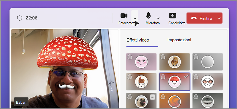 Screenshot of a person using video filters on a Teams video call.