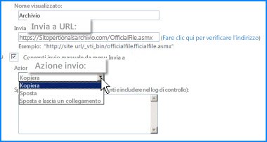 Immagine della sezione Impostazioni connessione della pagina Connessione di invio nell'interfaccia di amministrazione di SharePoint Online, in cui è possibile specificare l'URL di un percorso di destinazione di Content Organizer.