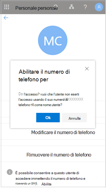 Screenshot che mostra "Abilita numero di telefono per l'accesso?