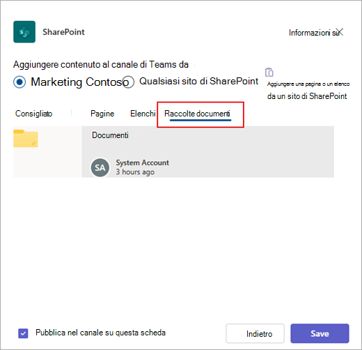 Aggiungere una raccolta documenti di SharePoint a Teams.