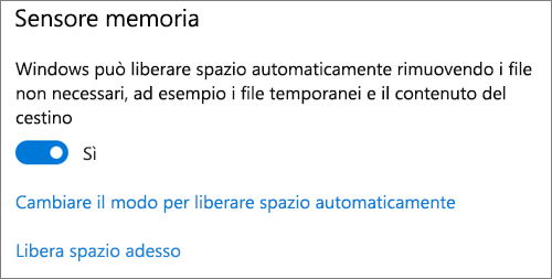 Interruttore in Archiviazione di Windows 10 per attivare Sensore memoria