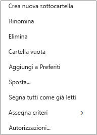 Menu di scelta rapida visualizzato quando si fa clic con il pulsante destro del mouse su una cartella personale