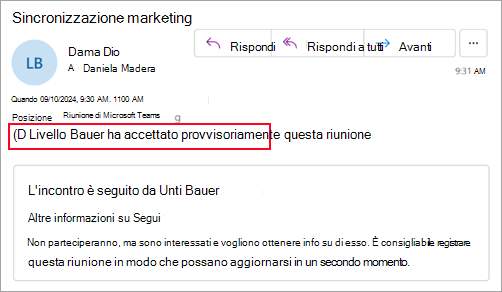 Screenshot per gli organizzatori che non usano il nuovo Outlook che mostra che il partecipante ha accettato provvisoriamente la riunione