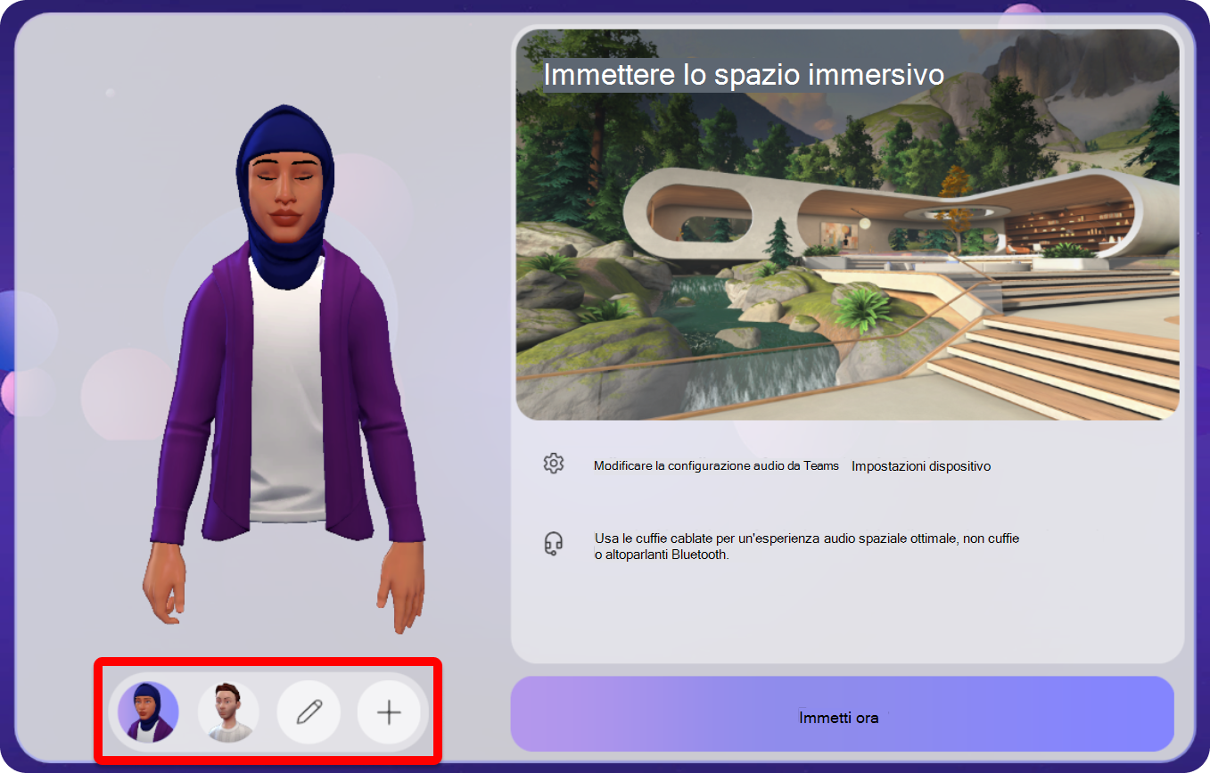Screenshot della schermata di pre-partecipazione per gli spazi immersivi con le opzioni dell'avatar evidenziate.